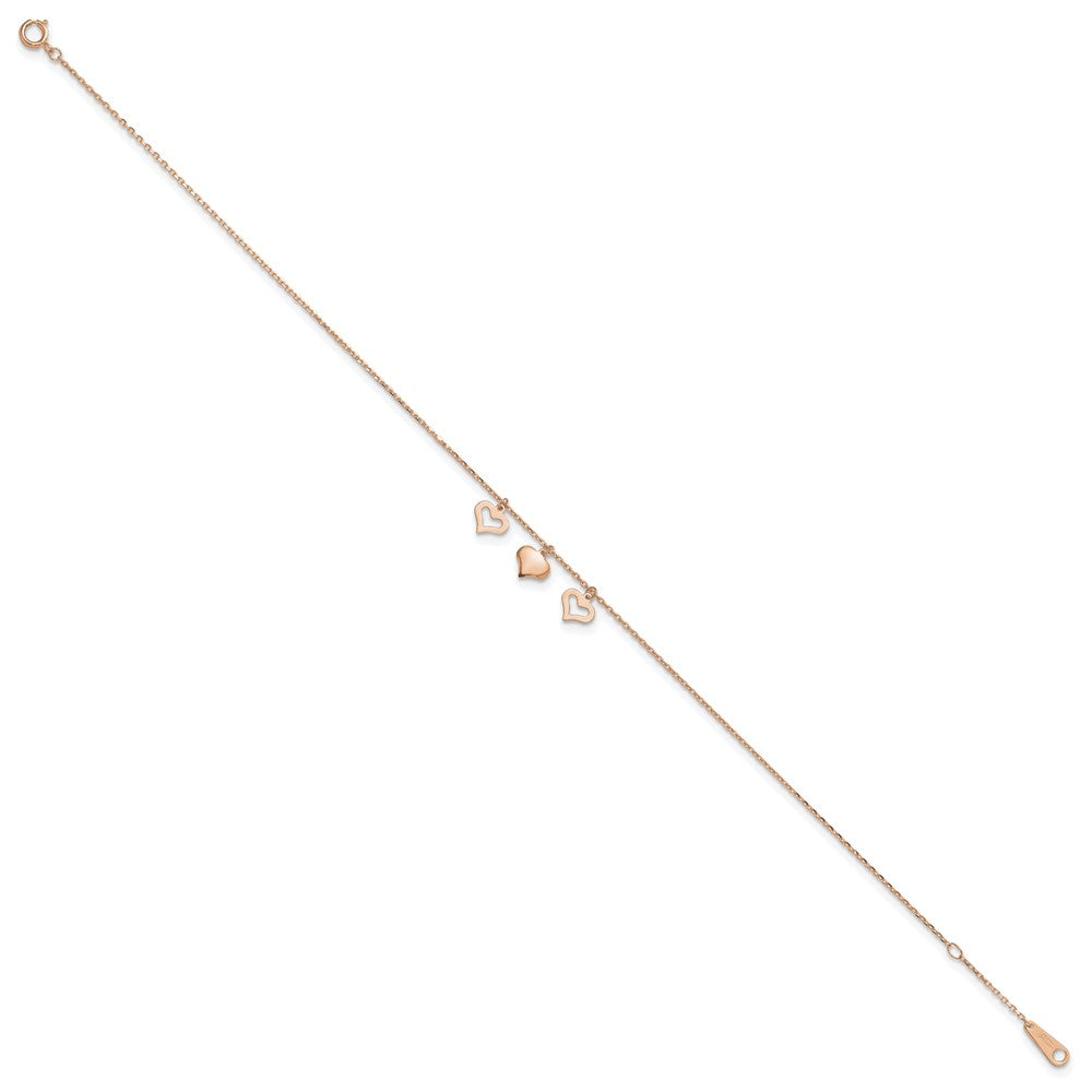 14k Rose Gold 3 Hearts 9in Plus 1in Extension Anklet