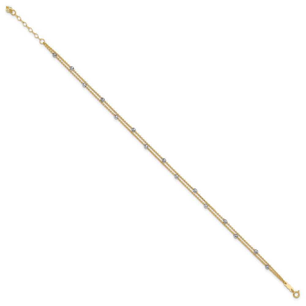 14K Two-tone 2-Strand Spiga Mirror Beads 9in Plus 1in Ext. Anklet