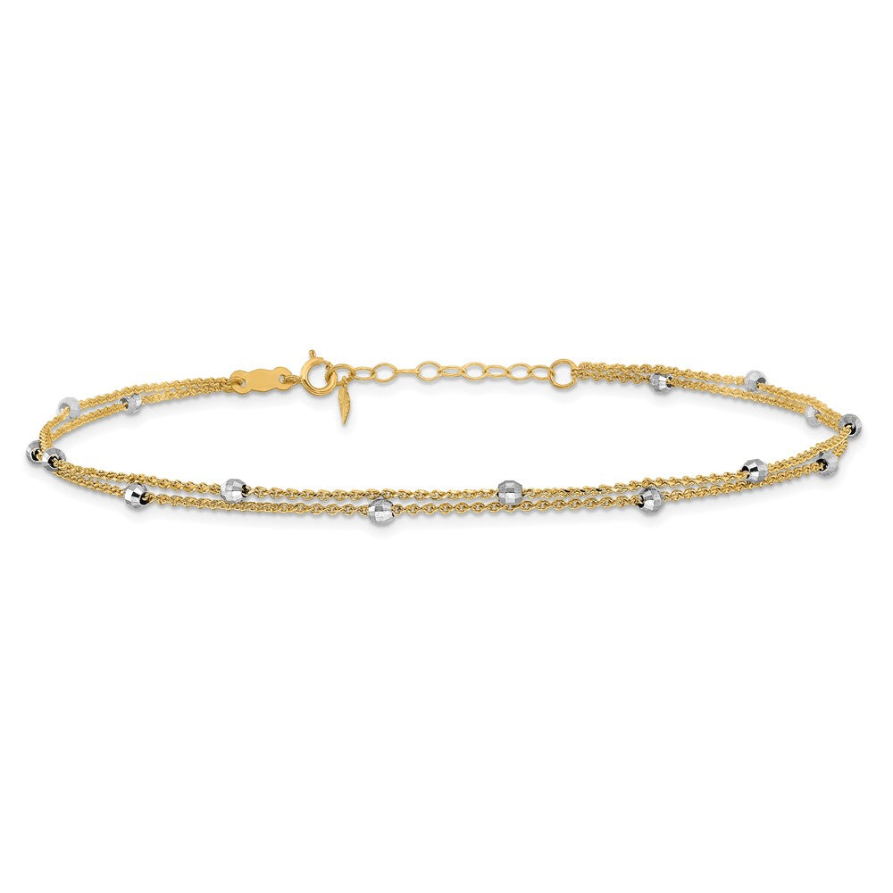 14K Two-tone 2-Strand Spiga Mirror Beads 9in Plus 1in Ext. Anklet