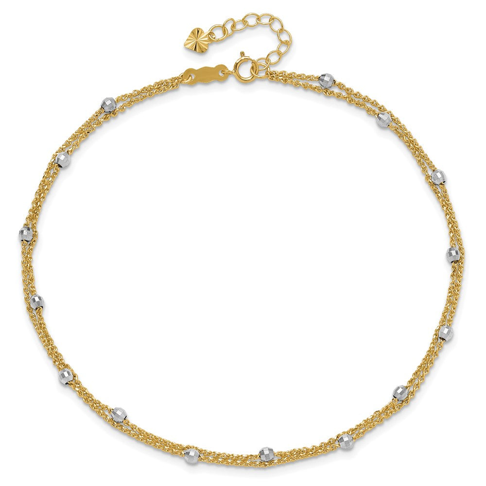 14K Two-tone 2-Strand Spiga Mirror Beads 9in Plus 1in Ext. Anklet
