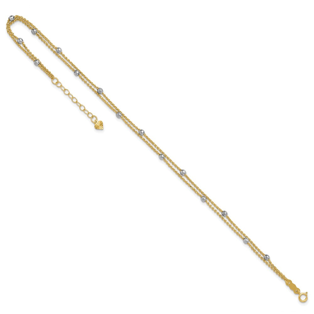 14K Two-tone 2-Strand Spiga Mirror Beads 9in Plus 1in Ext. Anklet