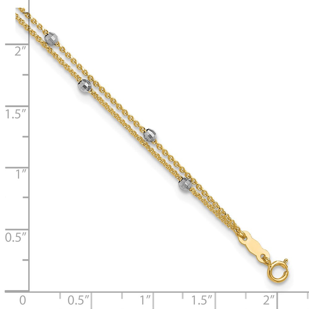 14K Two-tone 2-Strand Spiga Mirror Beads 9in Plus 1in Ext. Anklet