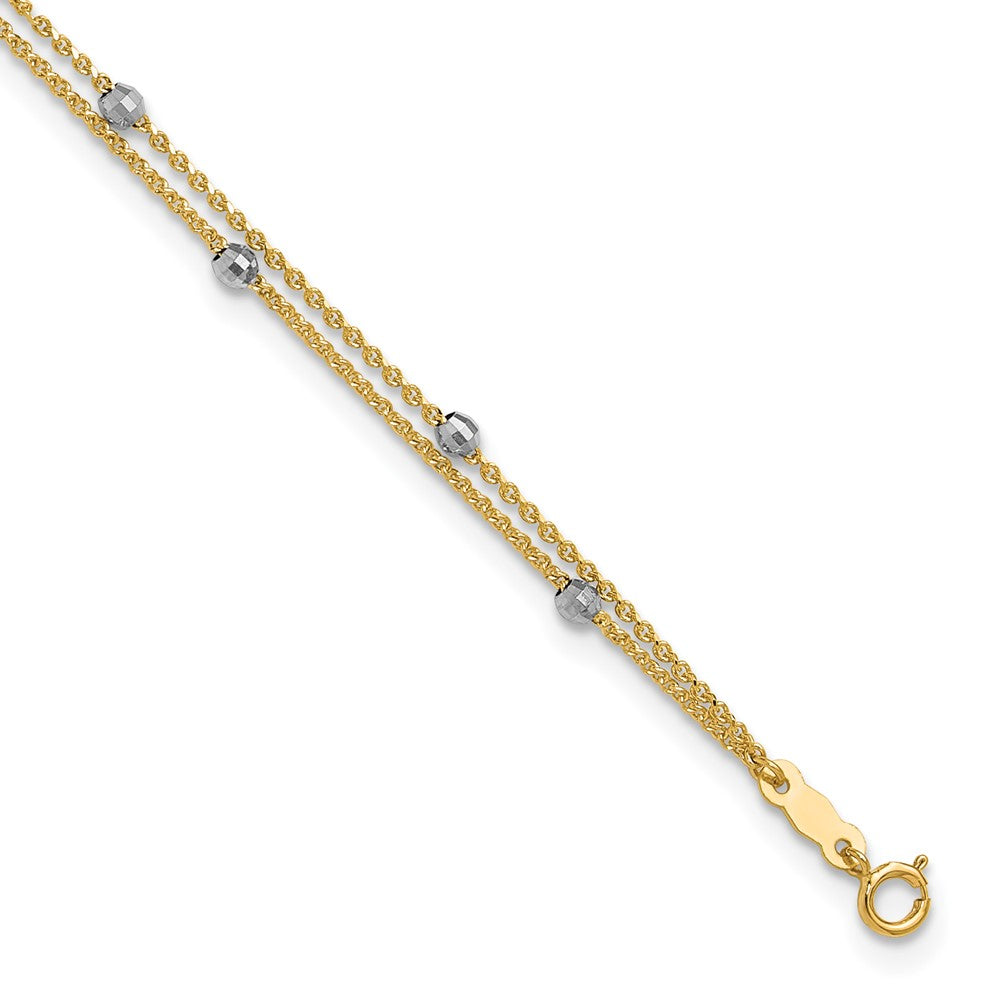 14K Two-tone 2-Strand Spiga Mirror Beads 9in Plus 1in Ext. Anklet