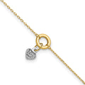 14K Two-tone Circle with Diamond Cut Puff Heart 9in Plus 1in ext Anklet
