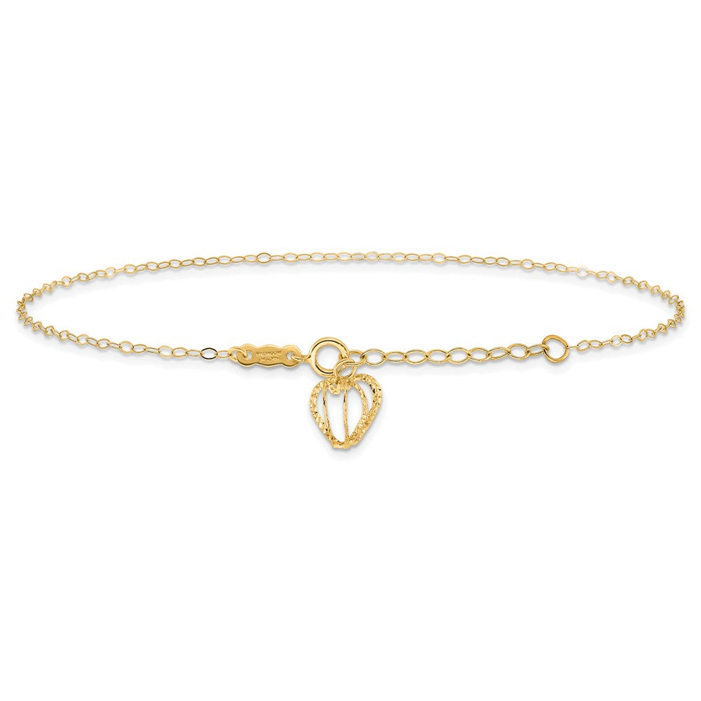 14K Oval Link Chain with Diamond-cut Heart Cage Plus Ext Anklet