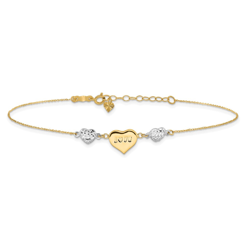 14K Two-tone Diamond-cut Puffed Heart LOVE Plus ext Anklet