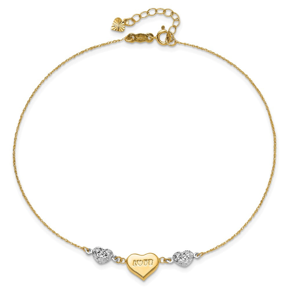 14K Two-tone Diamond-cut Puffed Heart LOVE Plus ext Anklet