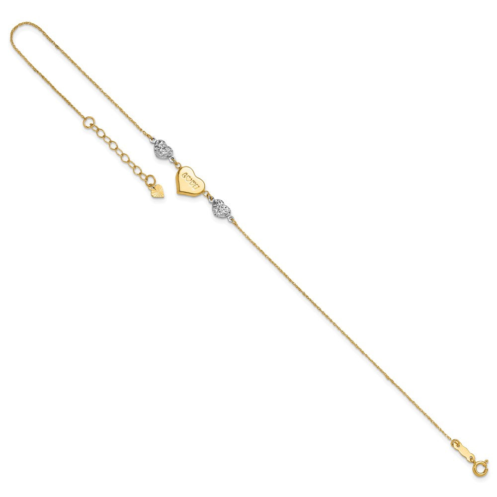 14K Two-tone Diamond-cut Puffed Heart LOVE Plus ext Anklet
