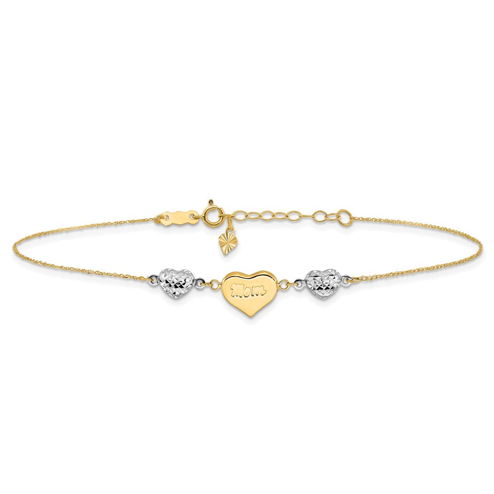 14K Two-tone Diamond-cut Puffed Hearts MOM Plus ext Anklet