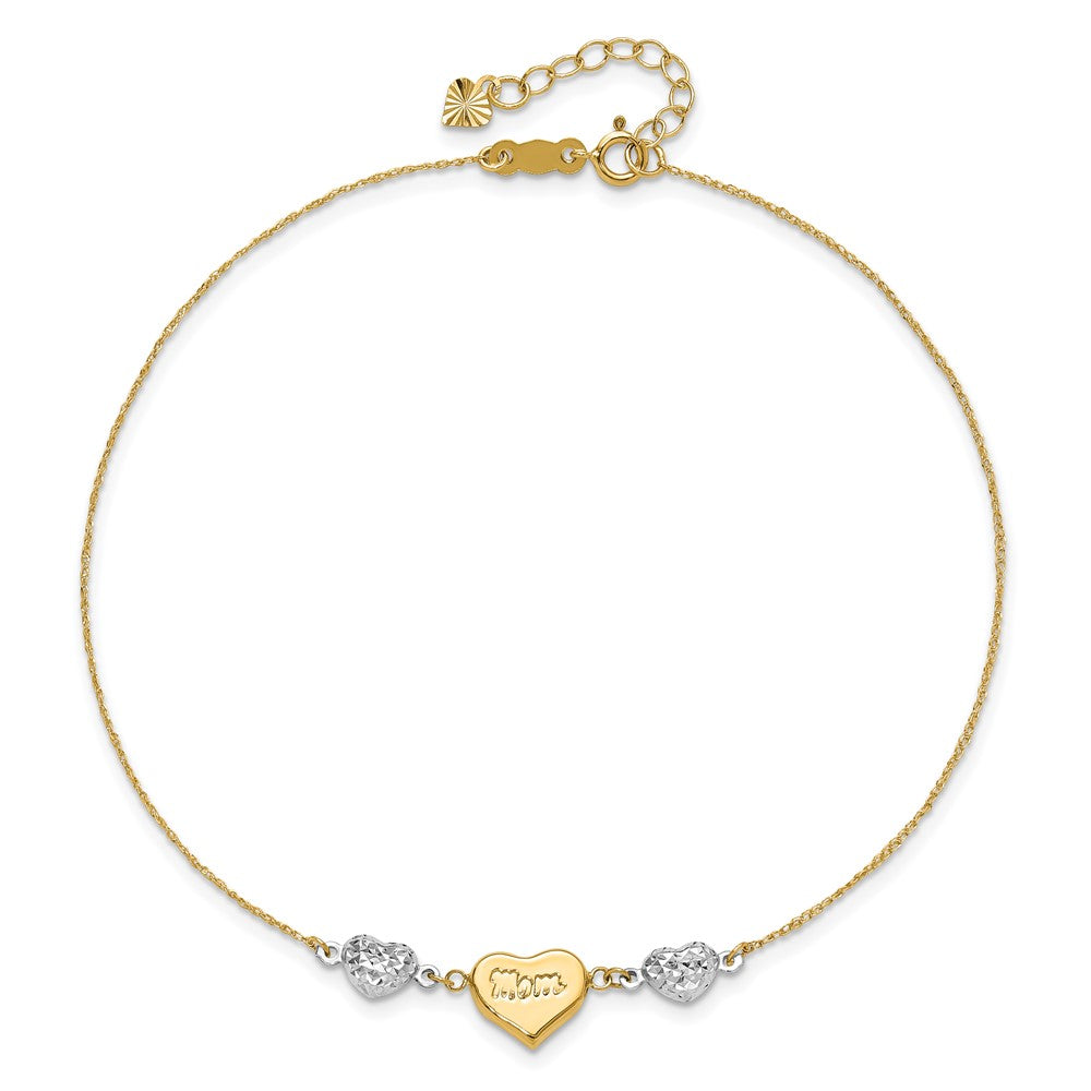 14K Two-tone Diamond-cut Puffed Hearts MOM Plus ext Anklet