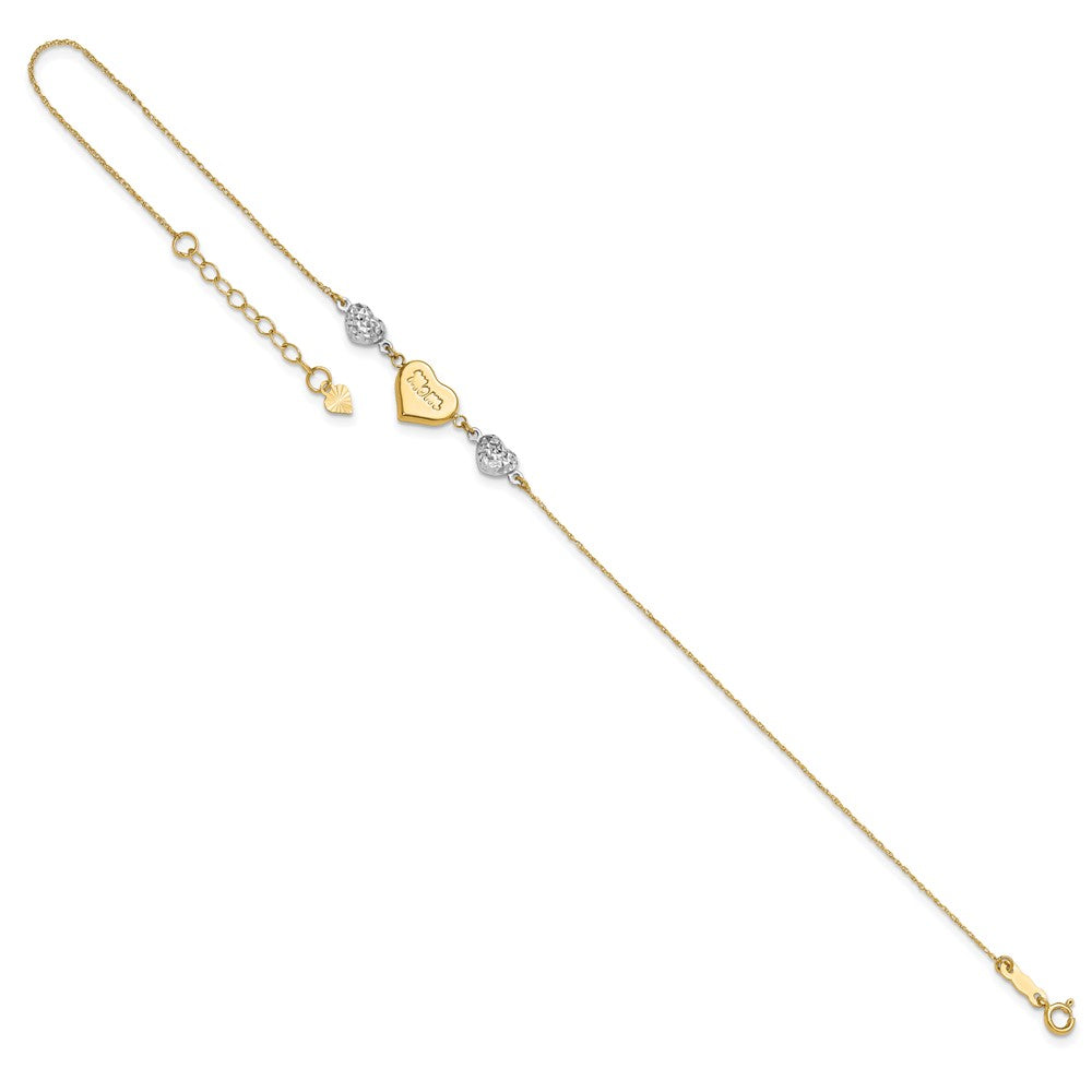 14K Two-tone Diamond-cut Puffed Hearts MOM Plus ext Anklet