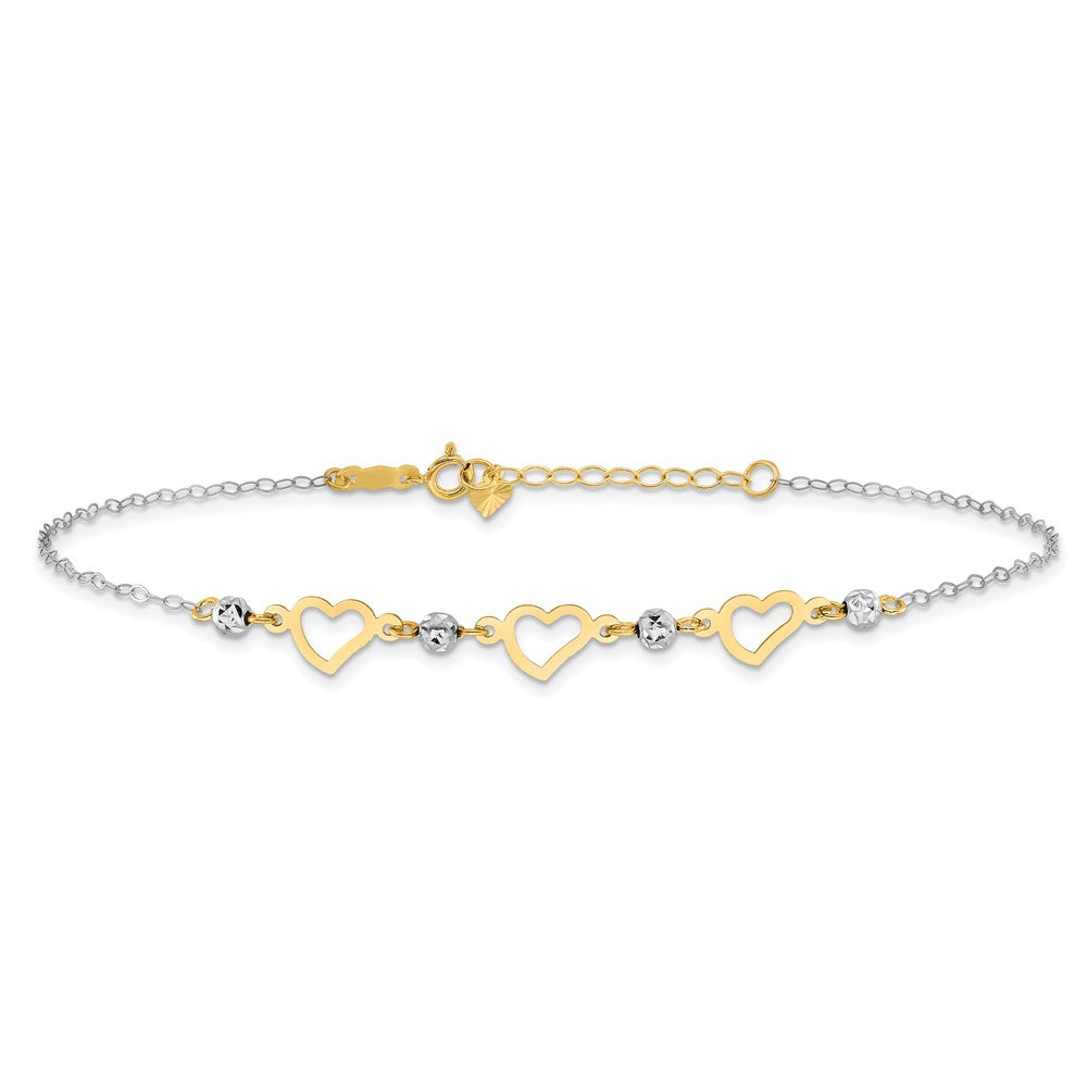 14K Two-tone Oval Link Diamond-cut Beads and Heart Plus Ext Anklet