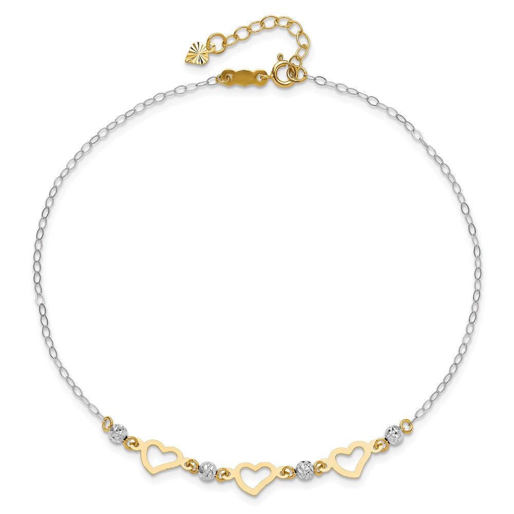 14K Two-tone Oval Link Diamond-cut Beads and Heart Plus Ext Anklet
