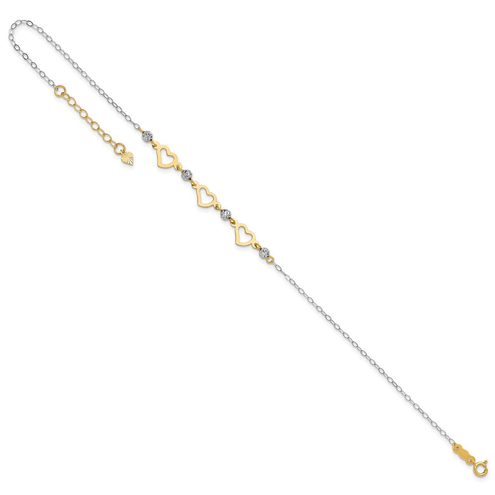 14K Two-tone Oval Link Diamond-cut Beads and Heart Plus Ext Anklet