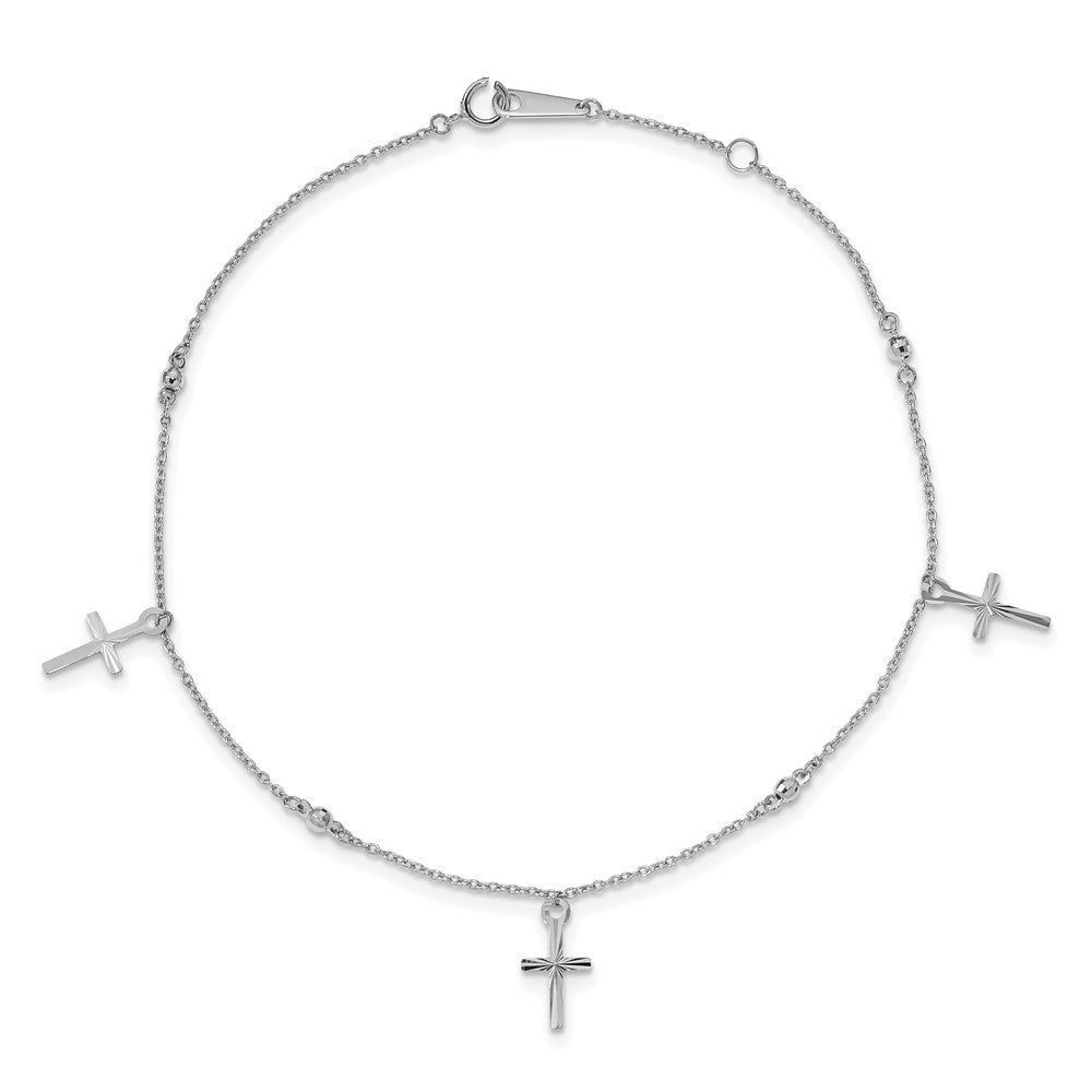 14k White Gold Polished and Diamond-cut Cross 9in Plus 1in ext. Anklet