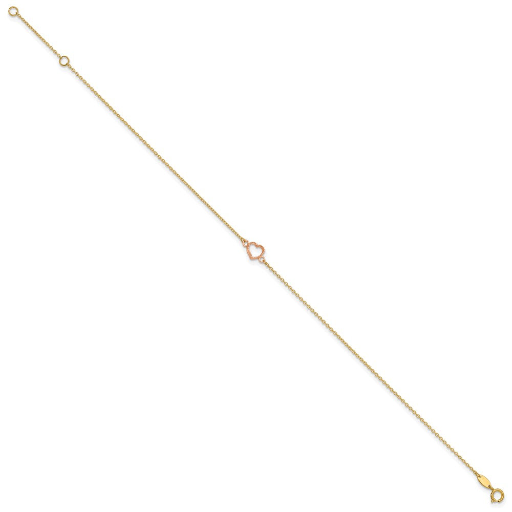 14k Two-tone Textured and Polished Heart 9in Plus 1in ext. Anklet