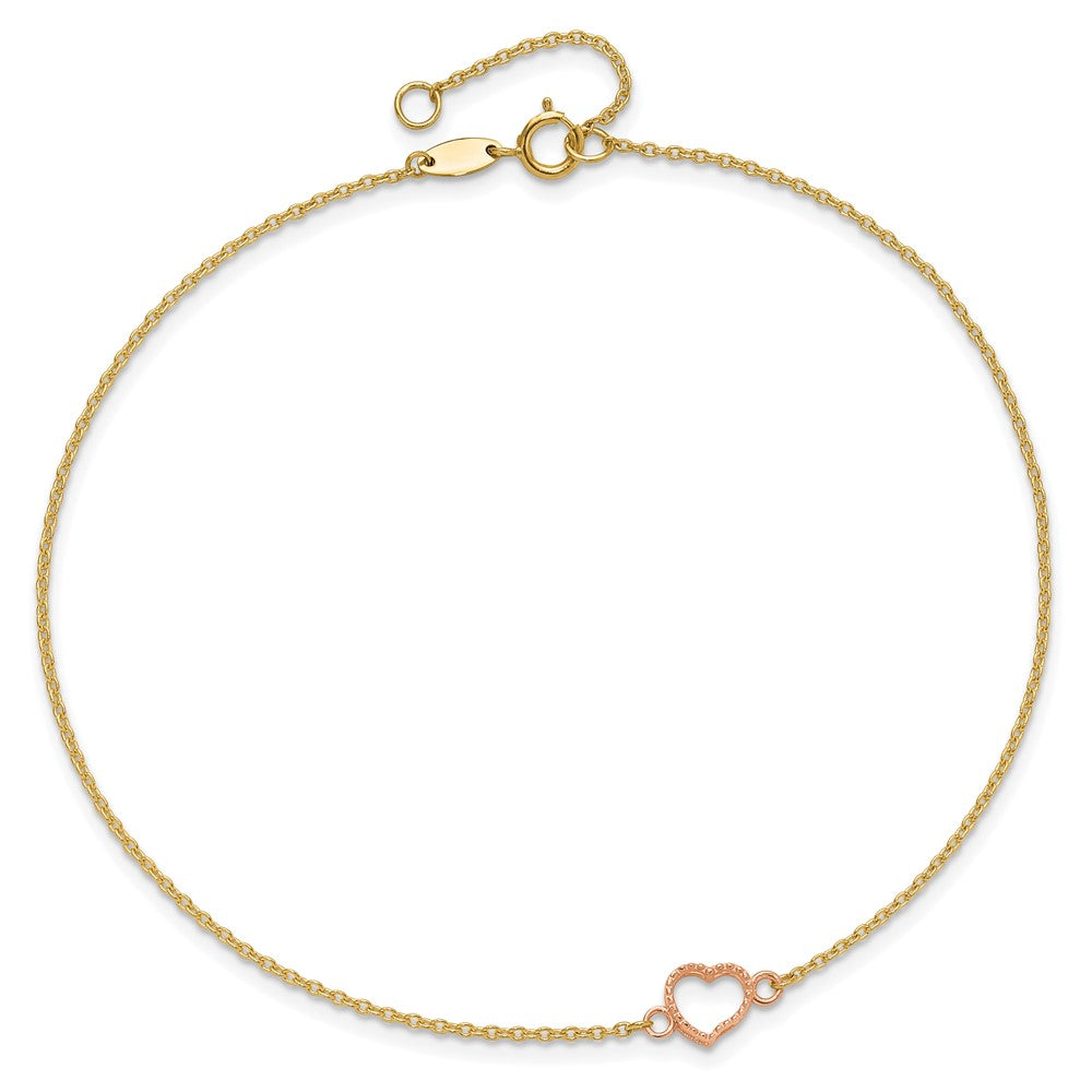 14k Two-tone Textured and Polished Heart 9in Plus 1in ext. Anklet
