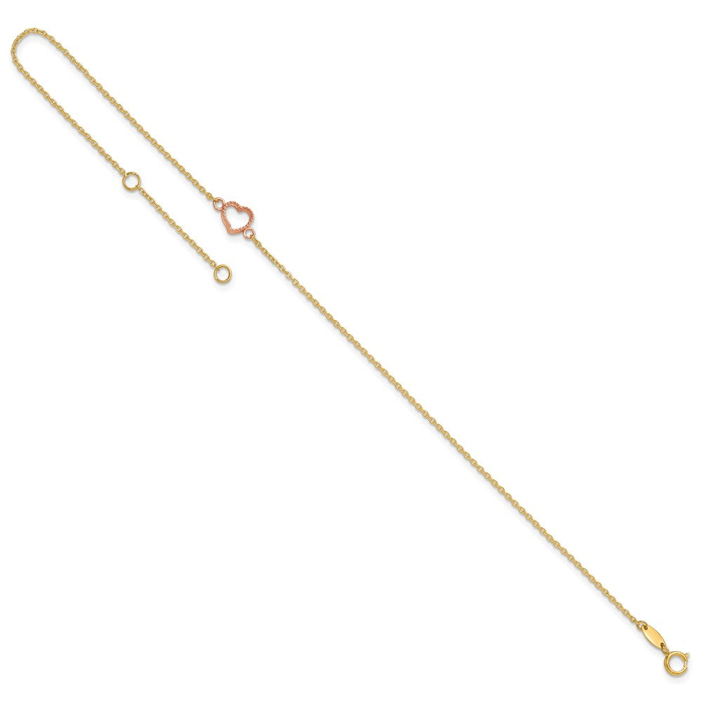 14k Two-tone Textured and Polished Heart 9in Plus 1in ext. Anklet