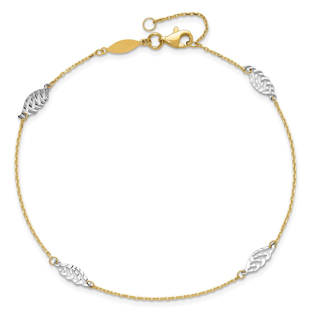 14K Two-Tone Diamond-cut Polished Leaf 9in Plus 1in ext. Anklet