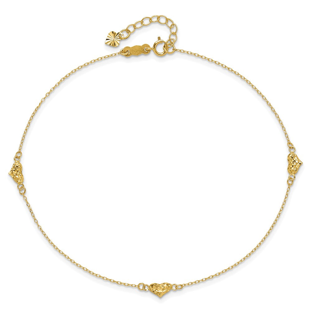 14k Polished Diamond-cut Triple Puffed Hearts Plus . Ext. Anklet