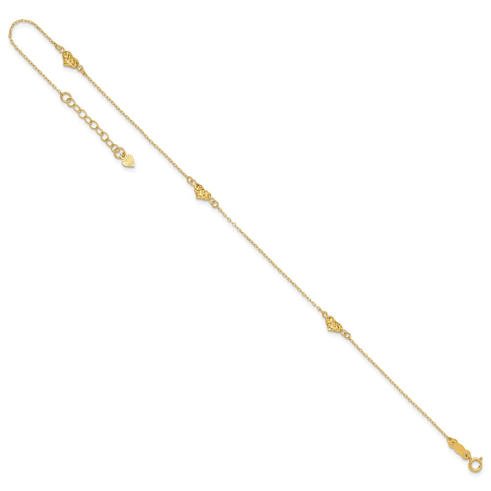 14k Polished Diamond-cut Triple Puffed Hearts Plus . Ext. Anklet