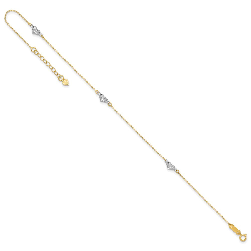 14k Two-tone Polished D/C Triple Hearts 9in w/1in. Ext. Anklet
