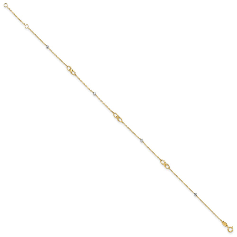 14K Two-Tone Diamond-cut Beads and Infinity 10in Plus 1in ext. Anklet