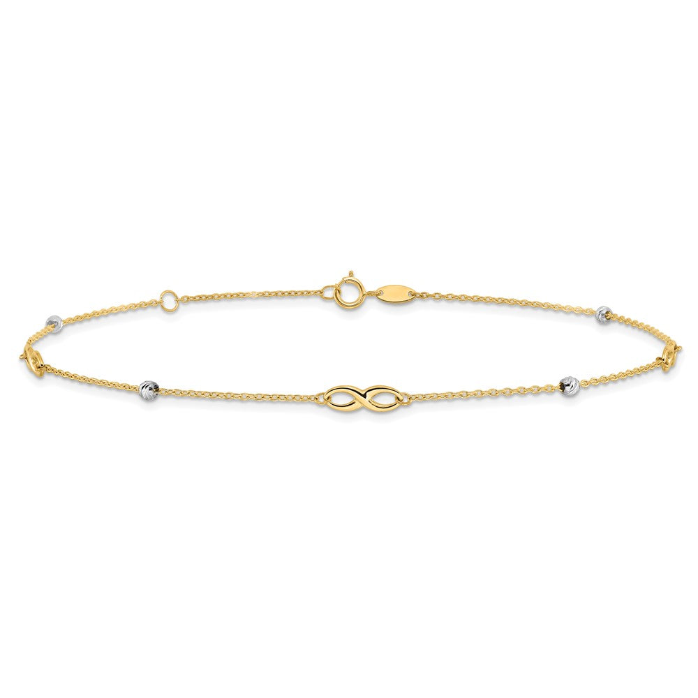 14K Two-Tone Diamond-cut Beads and Infinity 10in Plus 1in ext. Anklet
