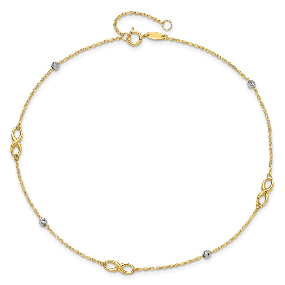14K Two-Tone Diamond-cut Beads and Infinity 10in Plus 1in ext. Anklet