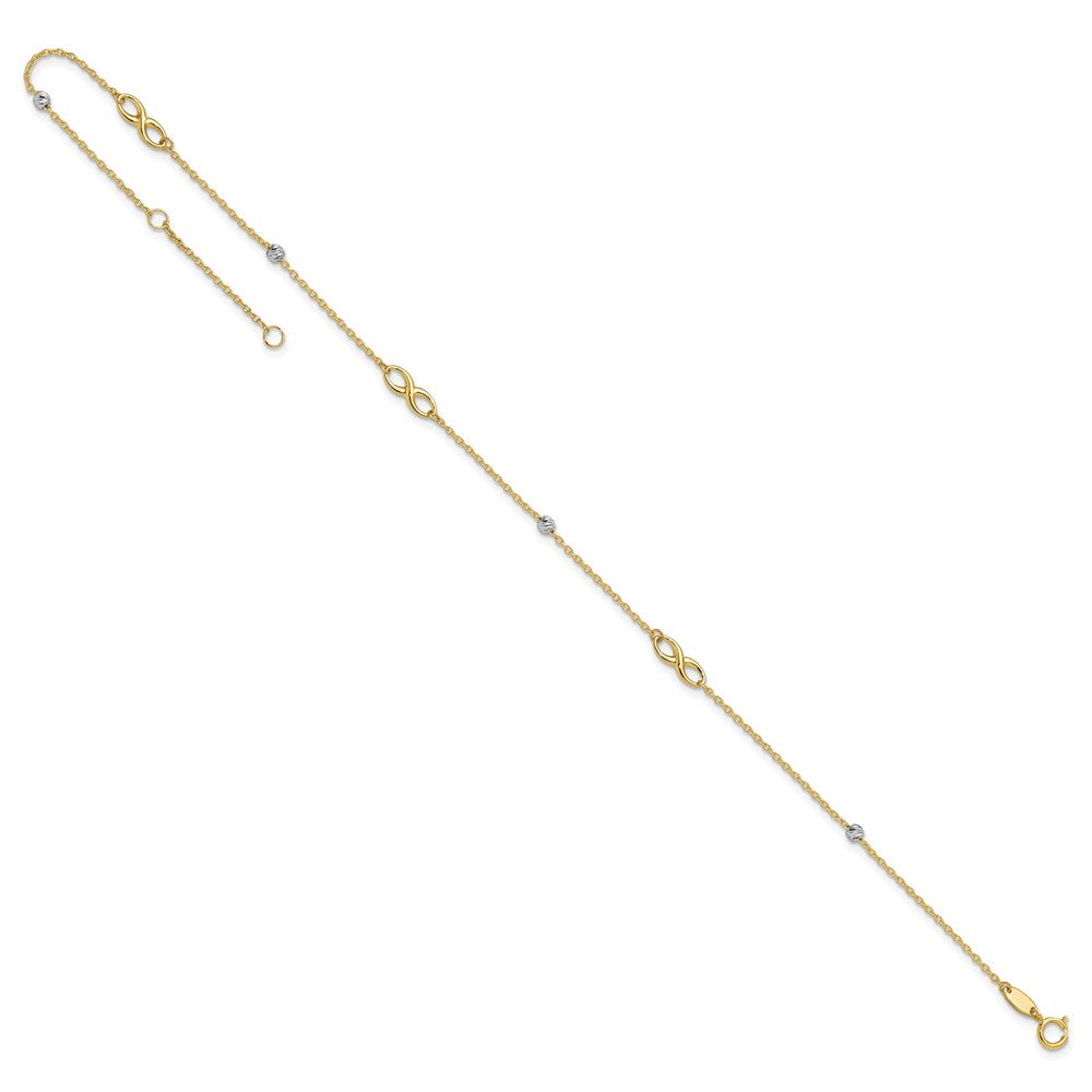 14K Two-Tone Diamond-cut Beads and Infinity 10in Plus 1in ext. Anklet