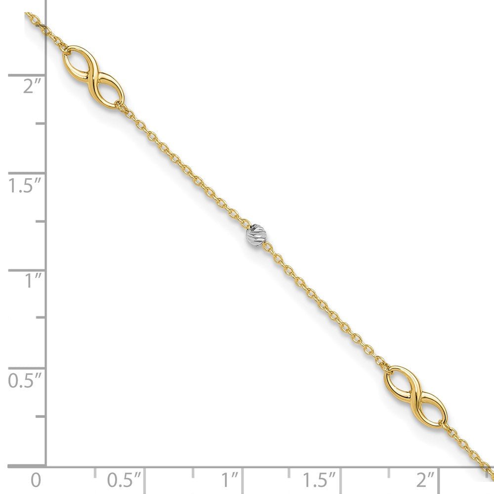 14K Two-Tone Diamond-cut Beads and Infinity 10in Plus 1in ext. Anklet