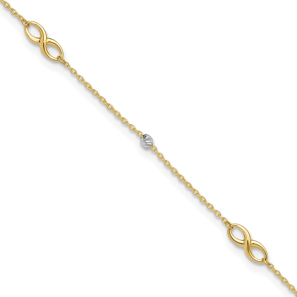 14K Two-Tone Diamond-cut Beads and Infinity 10in Plus 1in ext. Anklet