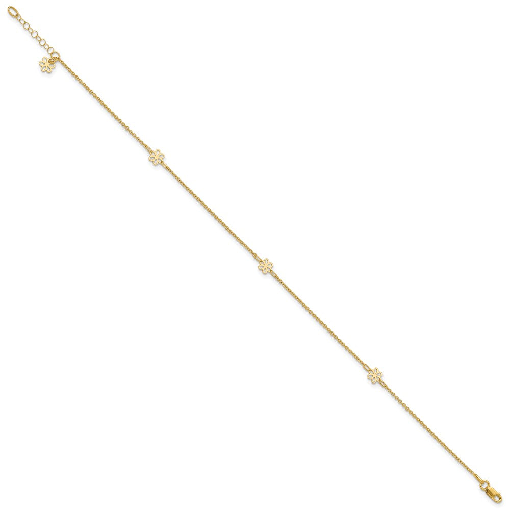 14K Polished Flowers 10in Plus 1in ext. Anklet