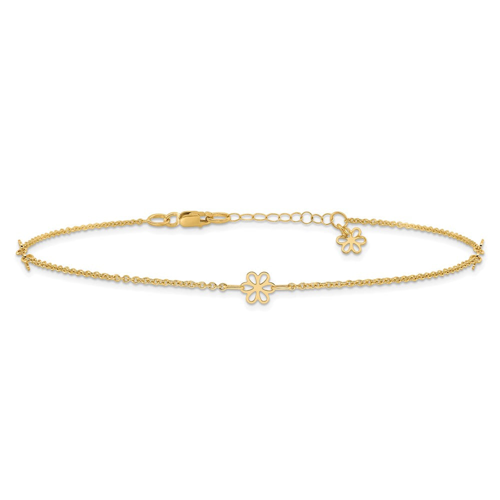 14K Polished Flowers 10in Plus 1in ext. Anklet