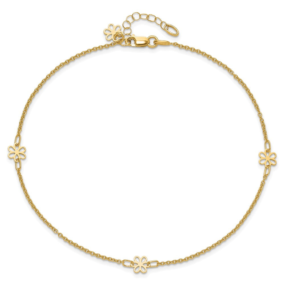 14K Polished Flowers 10in Plus 1in ext. Anklet