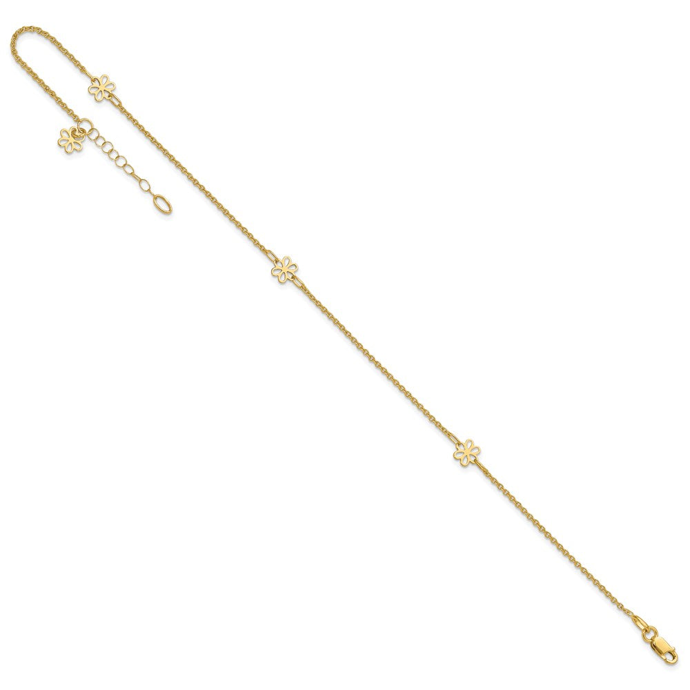 14K Polished Flowers 10in Plus 1in ext. Anklet