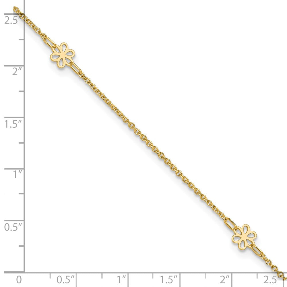 14K Polished Flowers 10in Plus 1in ext. Anklet
