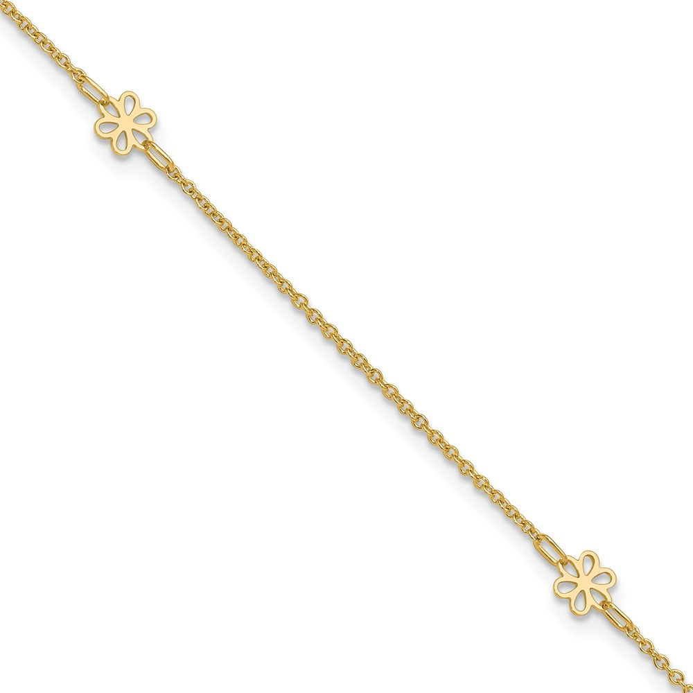 14K Polished Flowers 10in Plus 1in ext. Anklet