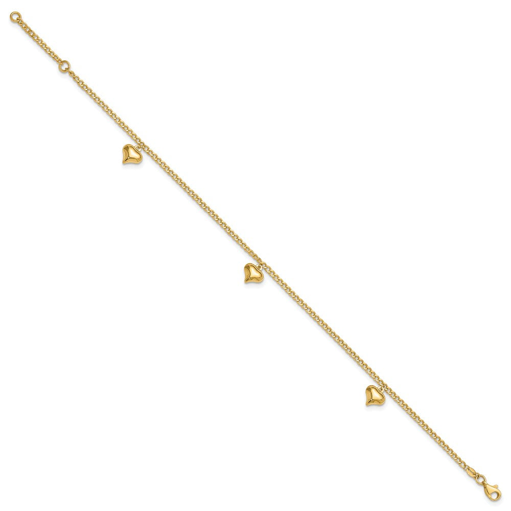 14K Polished 3 Puffed Heart 9in Plus 1in ext Anklet