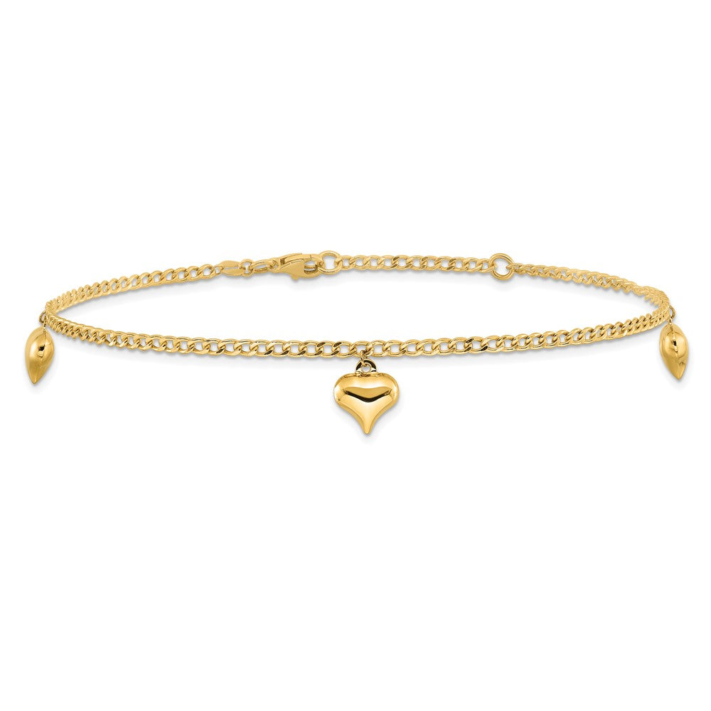 14K Polished 3 Puffed Heart 9in Plus 1in ext Anklet