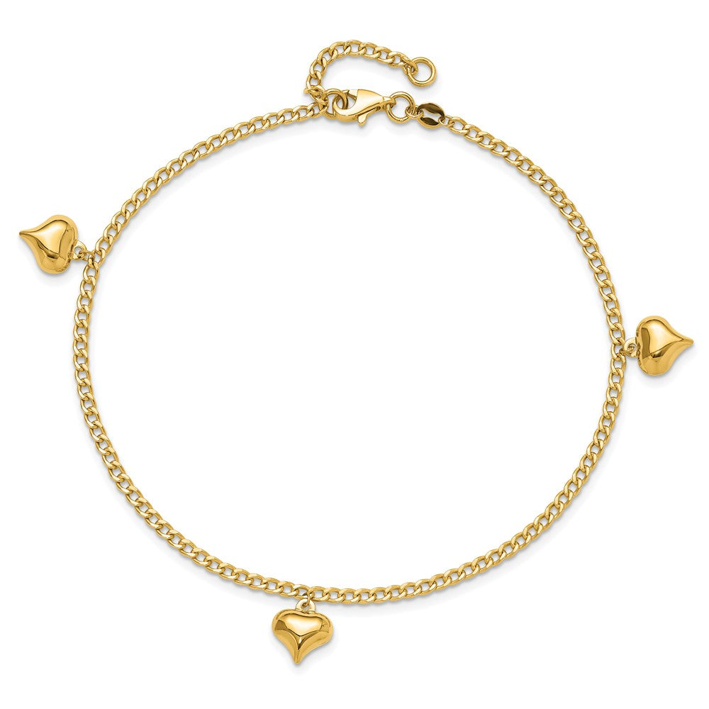 14K Polished 3 Puffed Heart 9in Plus 1in ext Anklet