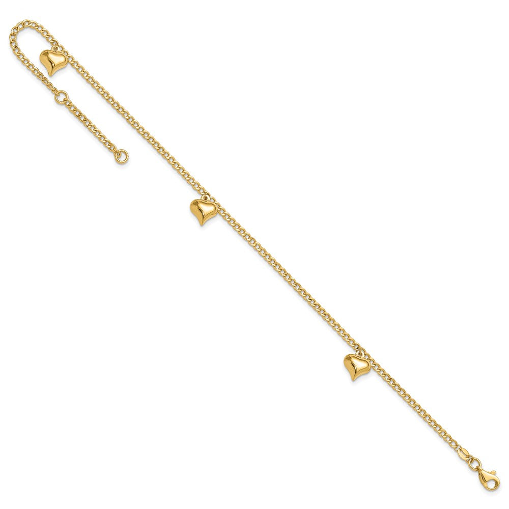14K Polished 3 Puffed Heart 9in Plus 1in ext Anklet