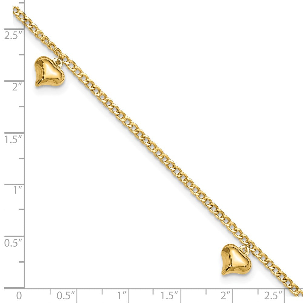 14K Polished 3 Puffed Heart 9in Plus 1in ext Anklet