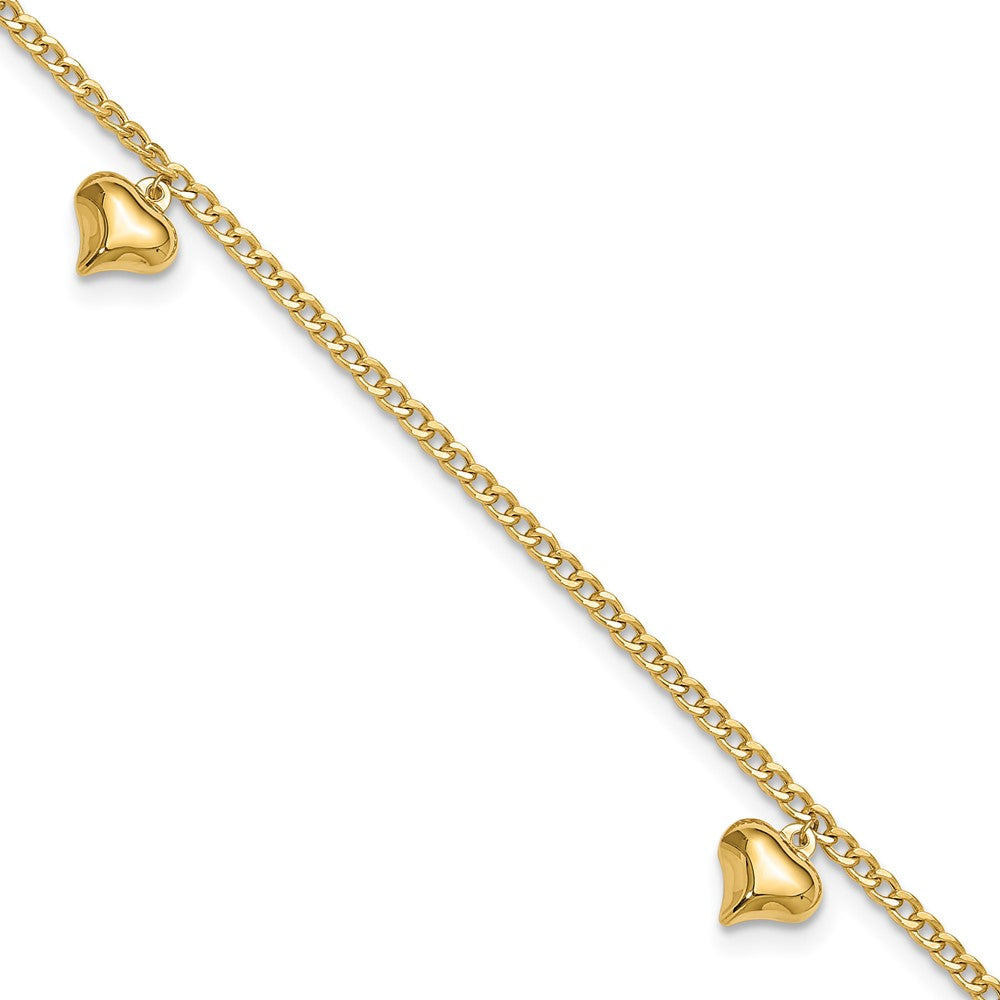14K Polished 3 Puffed Heart 9in Plus 1in ext Anklet