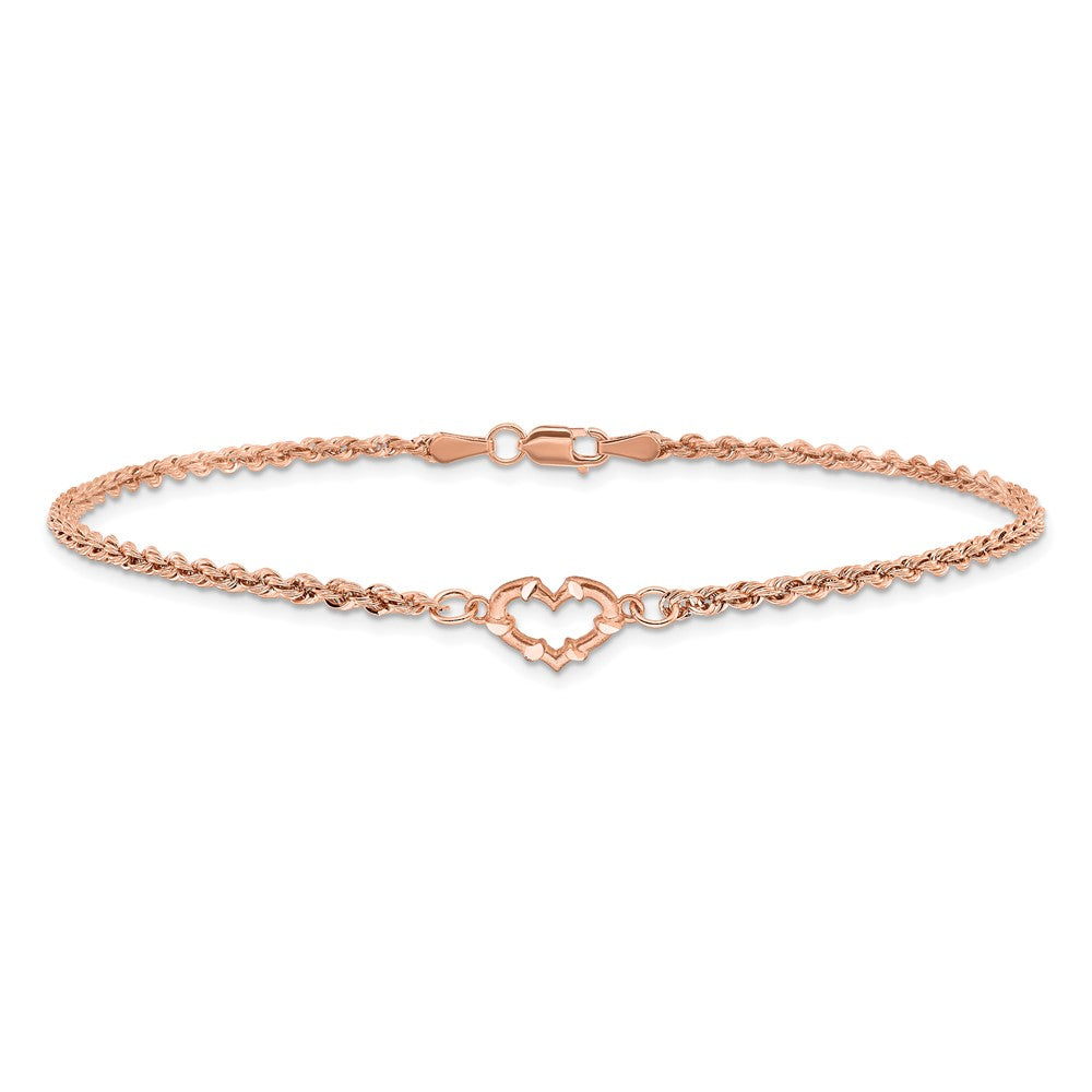 14k Rose Gold Diamond-cut Rope with Heart Anklet