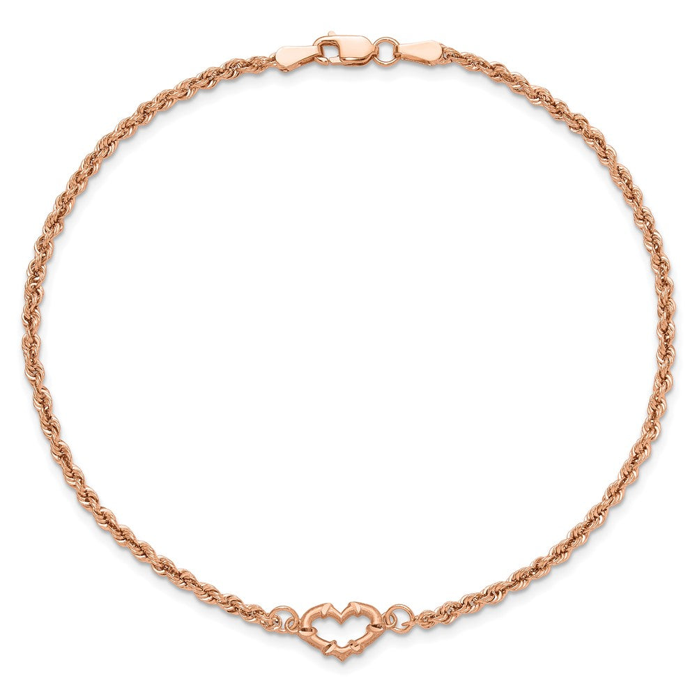14k Rose Gold Diamond-cut Rope with Heart Anklet