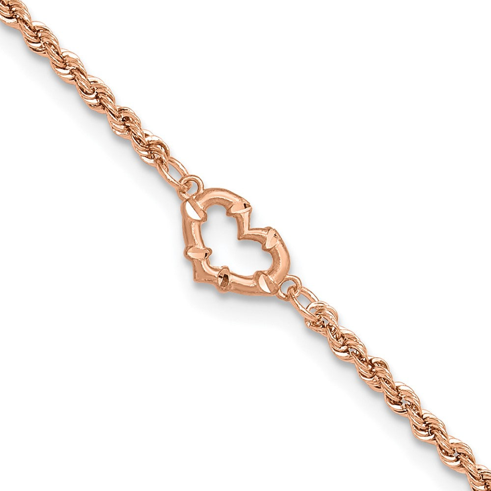 14k Rose Gold Diamond-cut Rope with Heart Anklet