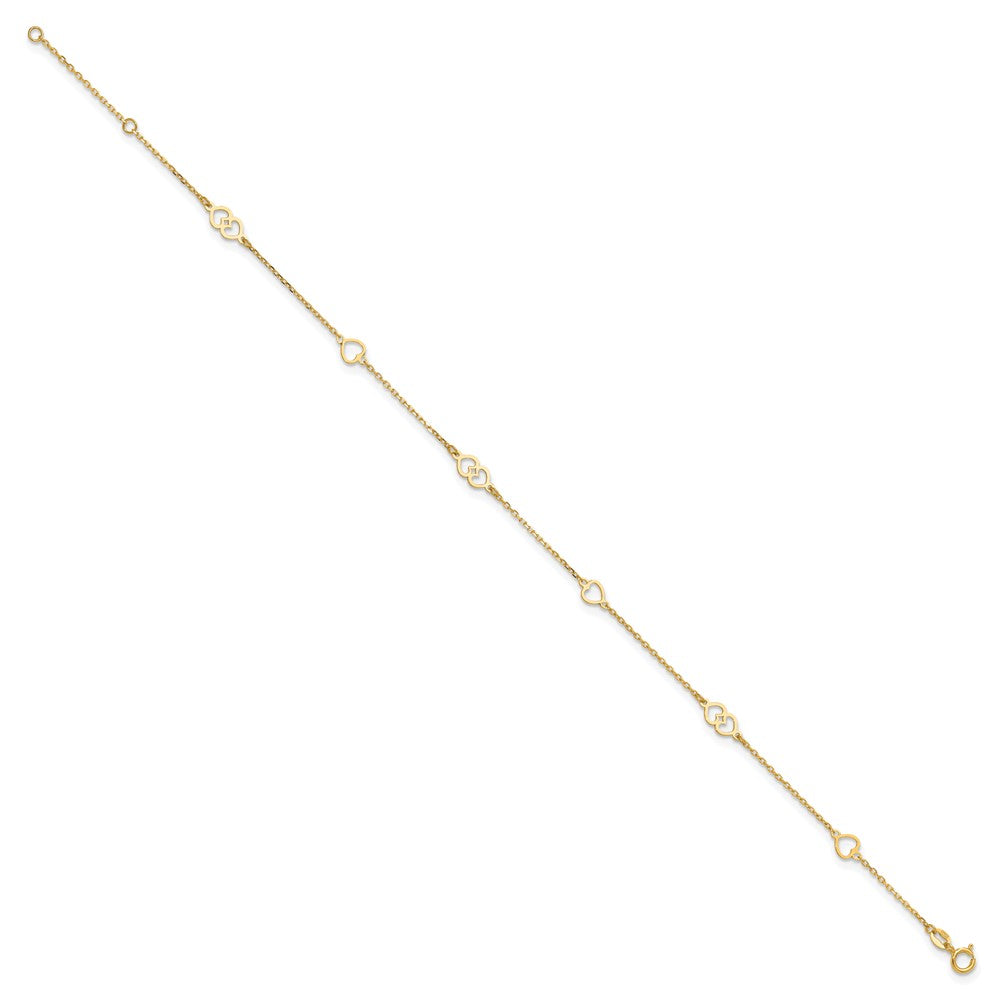 14K Polished Hearts 9in Plus 1 in ext. Anklet