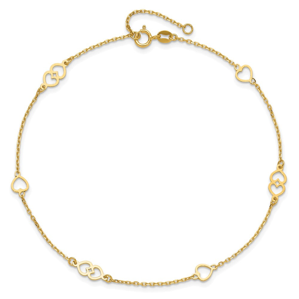 14K Polished Hearts 9in Plus 1 in ext. Anklet