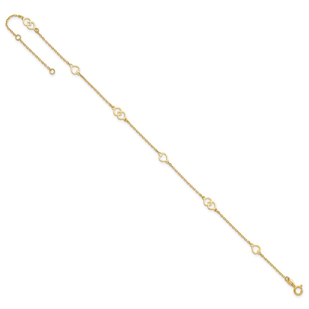 14K Polished Hearts 9in Plus 1 in ext. Anklet